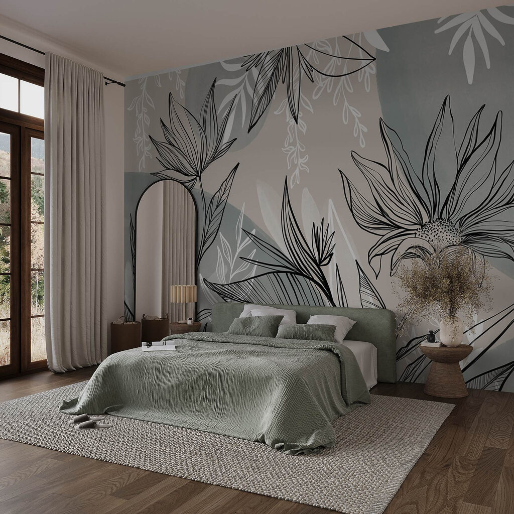 Zwarte bloemlijnen op grijsgroen — interieur 3