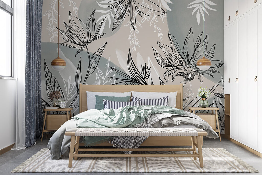 Zwarte bloemlijnen op grijsgroen — interieur 4