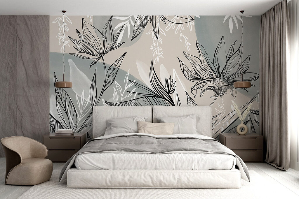Zwarte bloemlijnen op grijsgroen — interieur 5