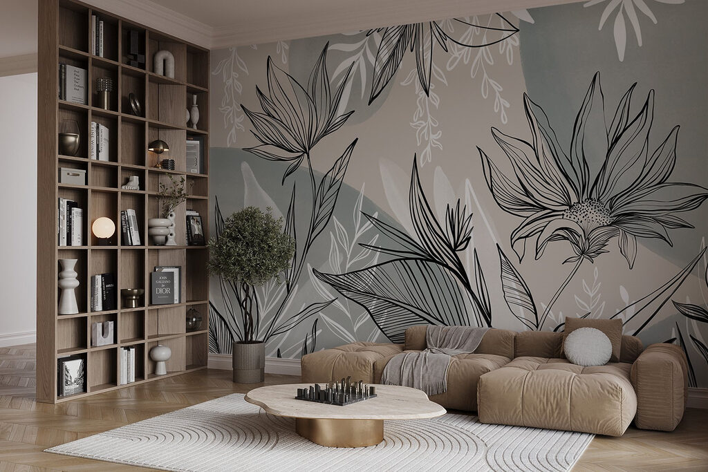 Zwarte bloemlijnen op grijsgroen — interieur 6