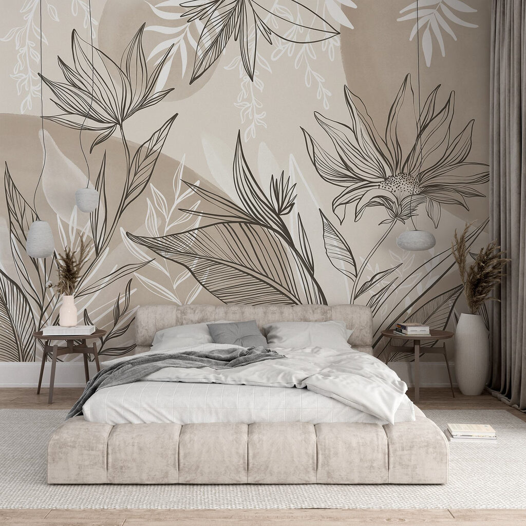 Delicaat lijnmotief met bloemen in een interieur