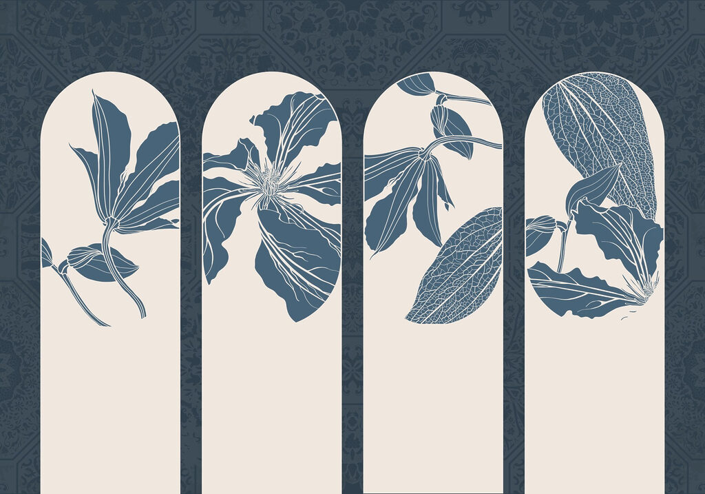 Blauwe bloemen in boogvensters — volledig ontwerp