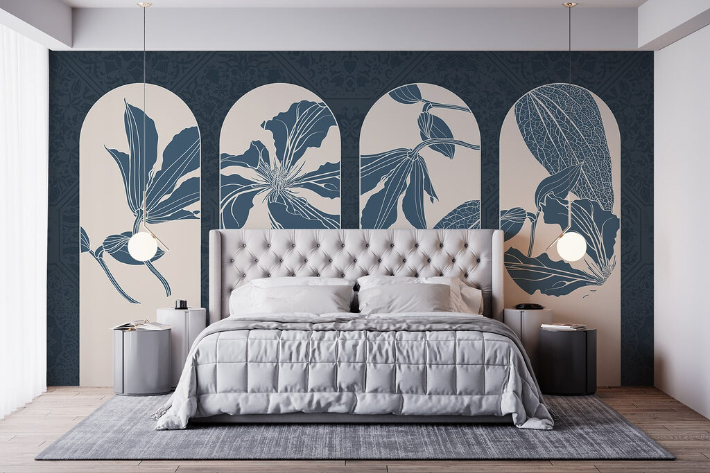 Blauwe bloemen in boogvensters — interieur 2