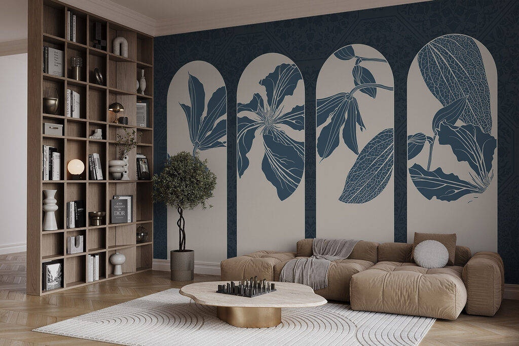Blauwe bloemen in boogvensters — interieur 3