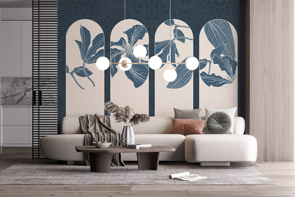 Blauwe bloemen in boogvensters — interieur 4