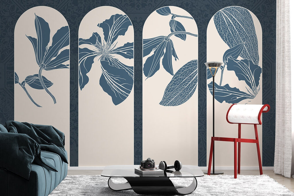 Blauwe bloemen in boogvensters — interieur 5