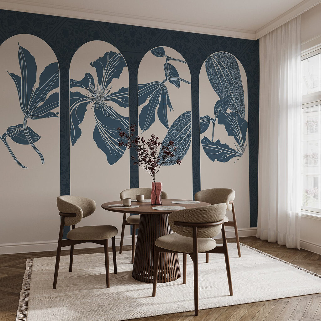 Blauwe bloemen in boogvensters — interieur 6