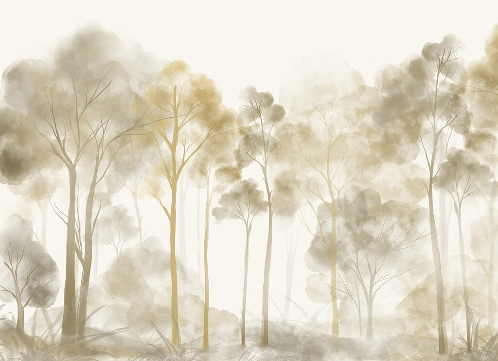 Gouden bomen in lichtnevel — volledig ontwerp