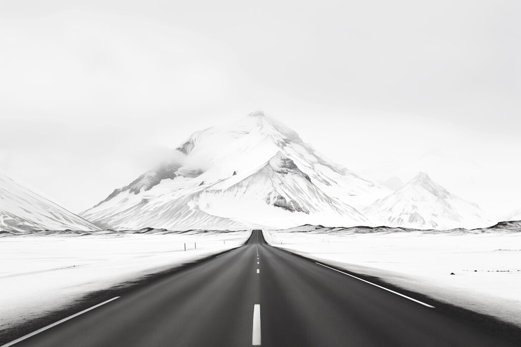 Weg door witte bergvlakte — volledig ontwerp