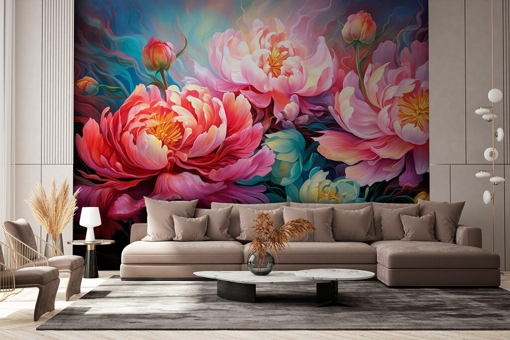 Schilderij van bloemen op een blauwe achtergrond — interieur 2