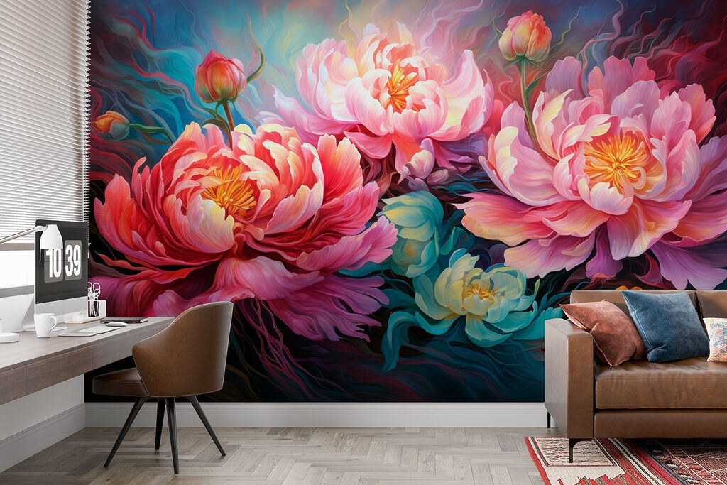 Schilderij van bloemen op een blauwe achtergrond — interieur 3