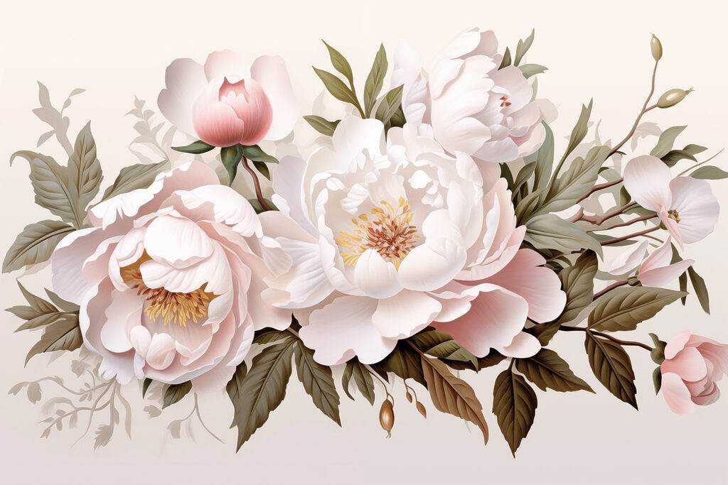 Roze pioenen in takkenkrans — volledig ontwerp