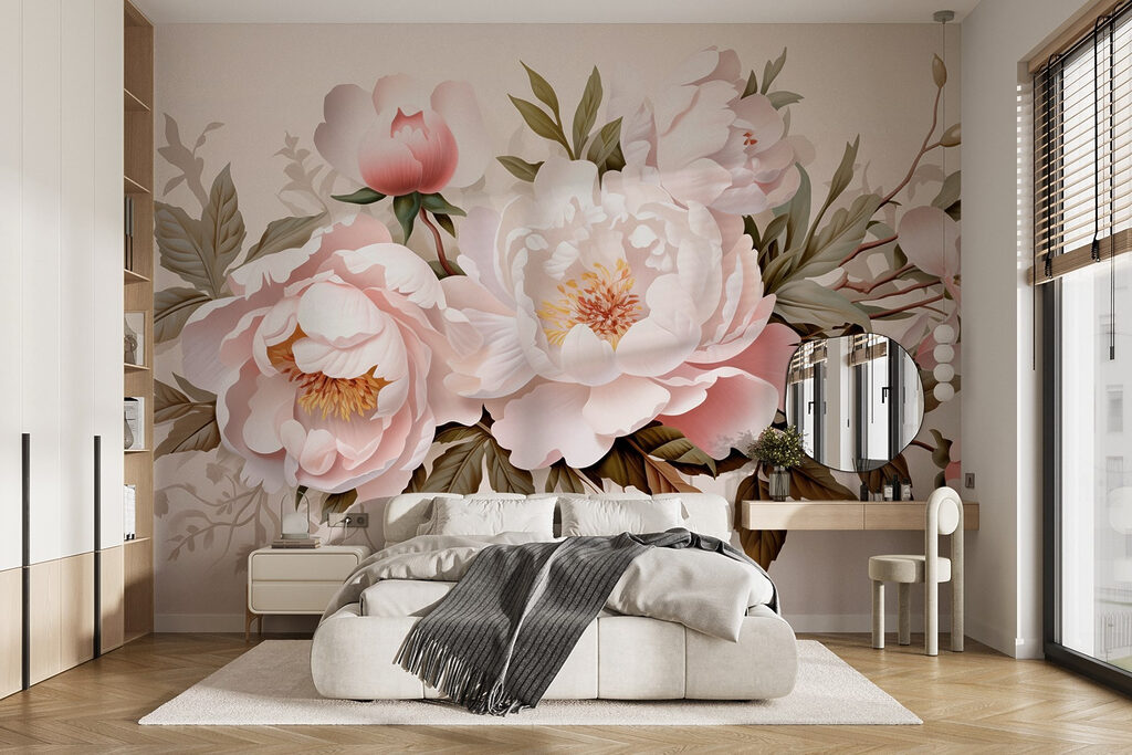 Roze pioenen in takkenkrans — interieur 1
