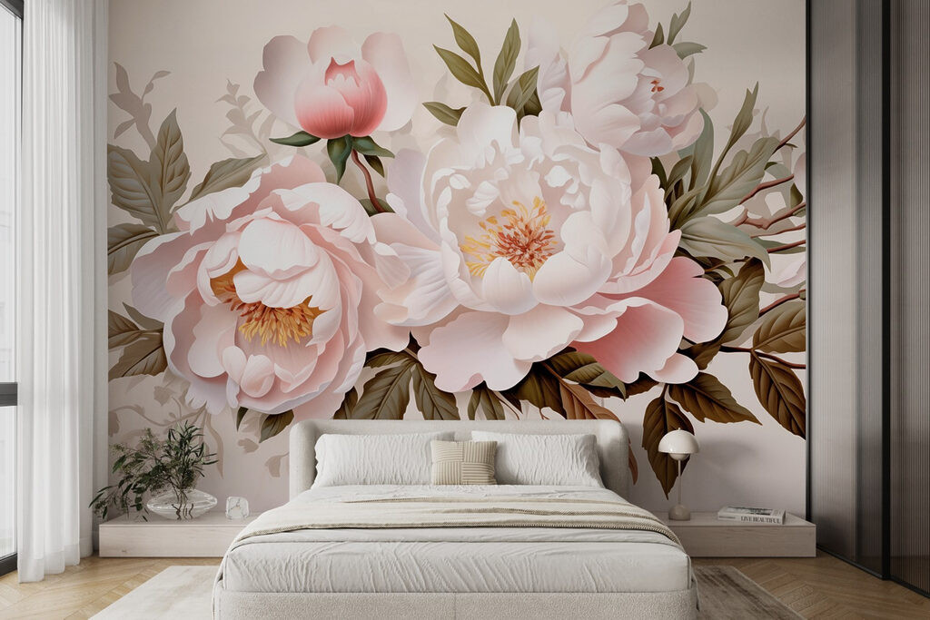 Roze pioenen in takkenkrans — interieur 2