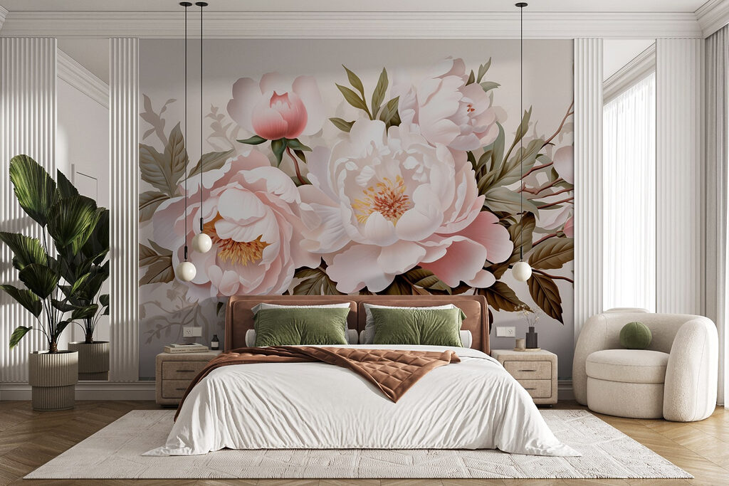 Roze pioenen in takkenkrans — interieur 4