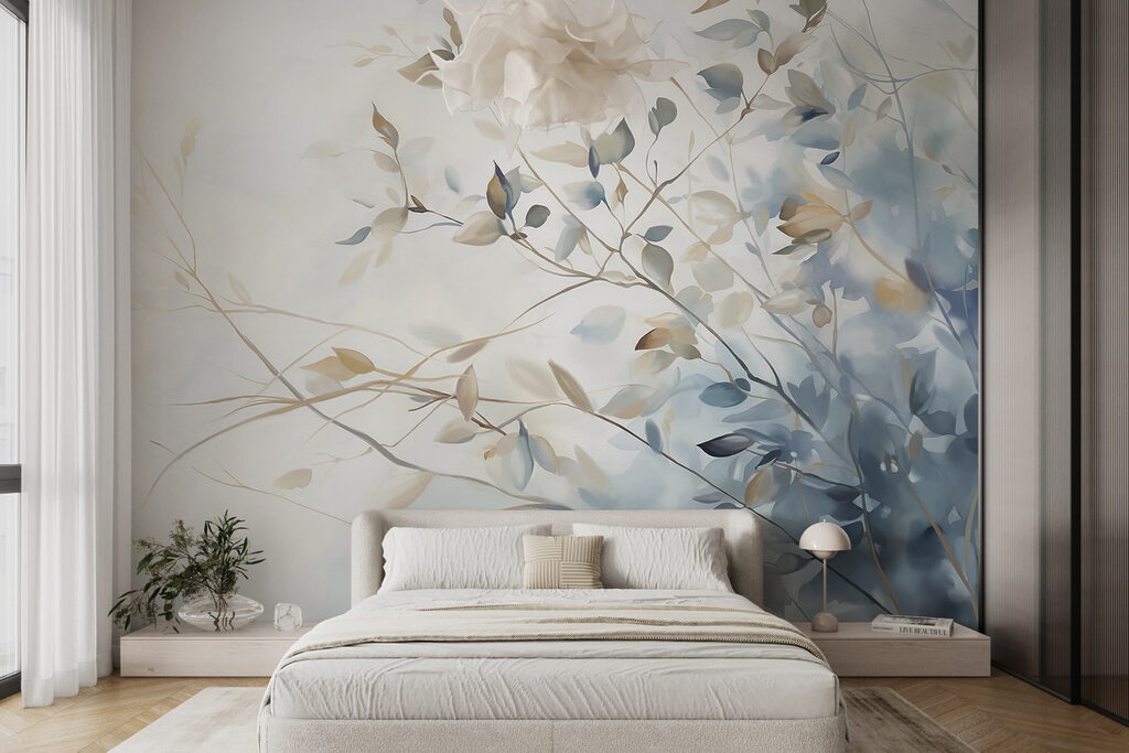 Schilderij van een boomtak met bladeren in een interieur