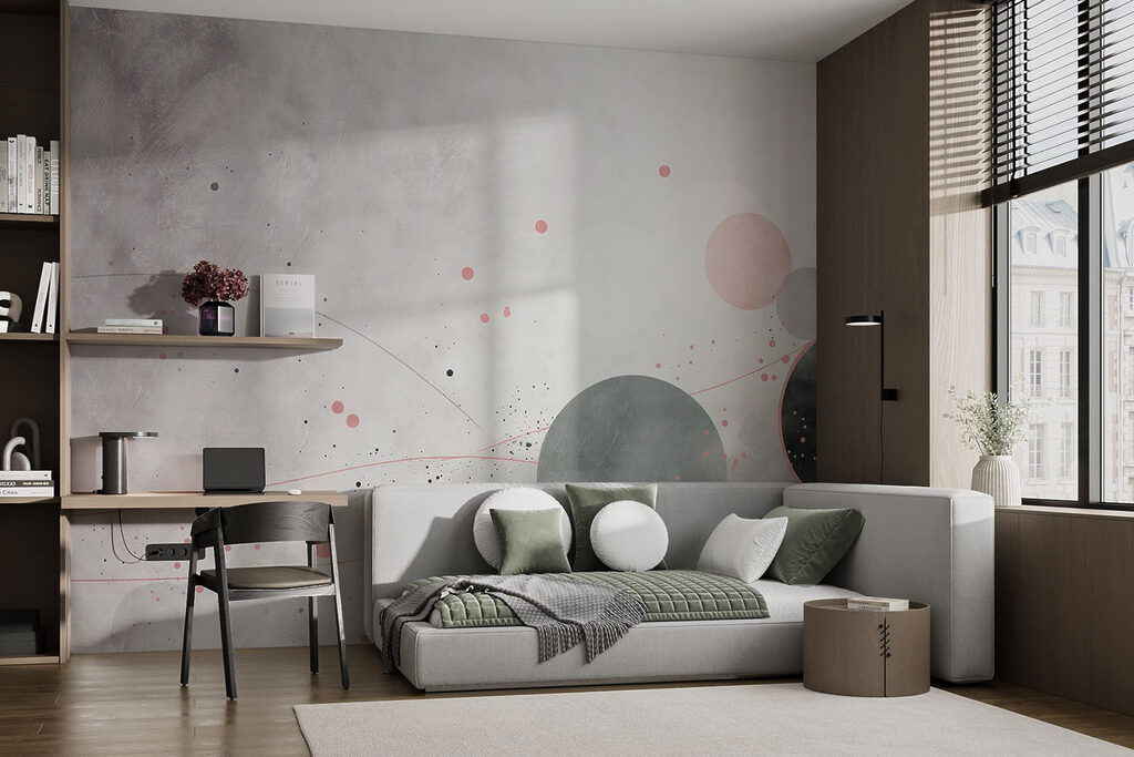 Roze cirkels boven grijs — interieur 1