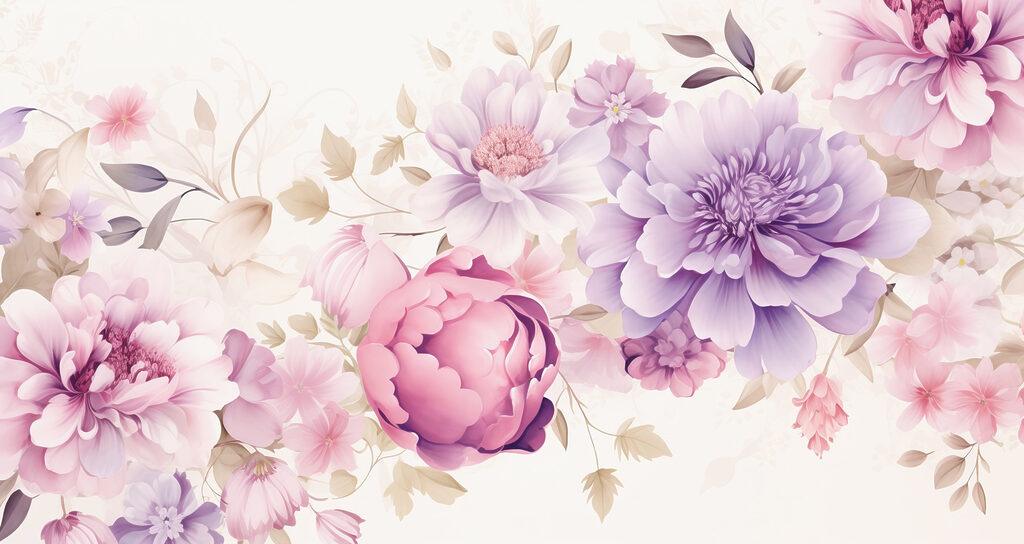Paarse bloemenkrans op crème — volledig ontwerp