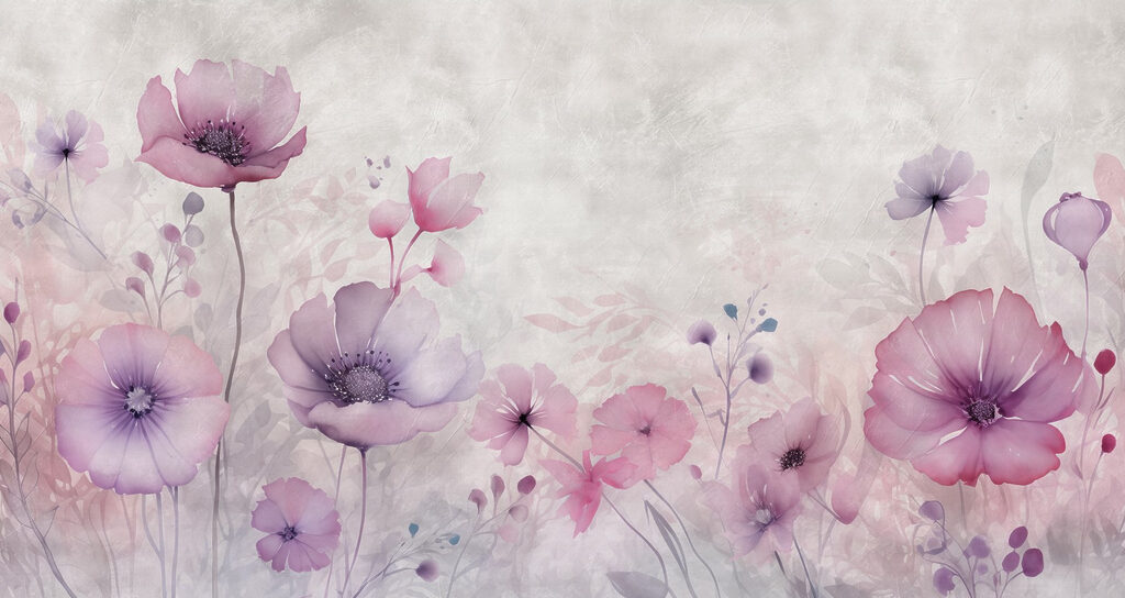 Paarse veldbloemen op grijstinten — volledig ontwerp
