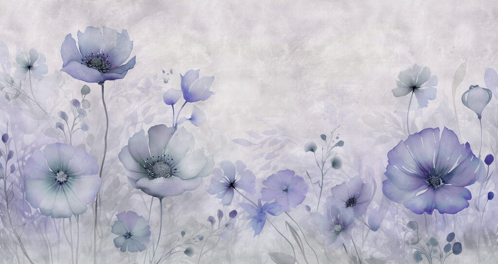 Blauwe bloemen in grijswaas — volledig ontwerp