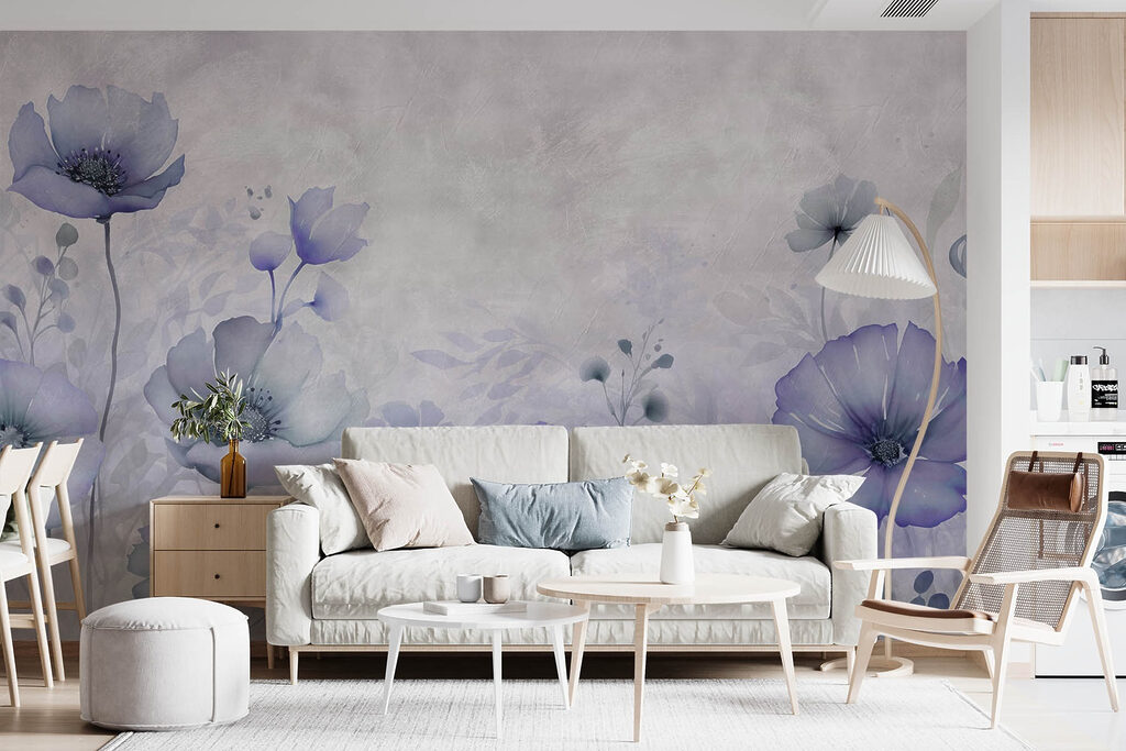 Schilderij van bloemen op een witte achtergrond in een interieur
