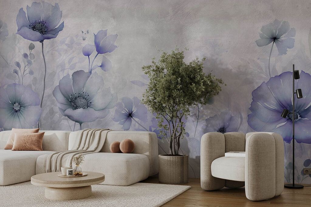 Blauwe bloemen in grijswaas — interieur 2