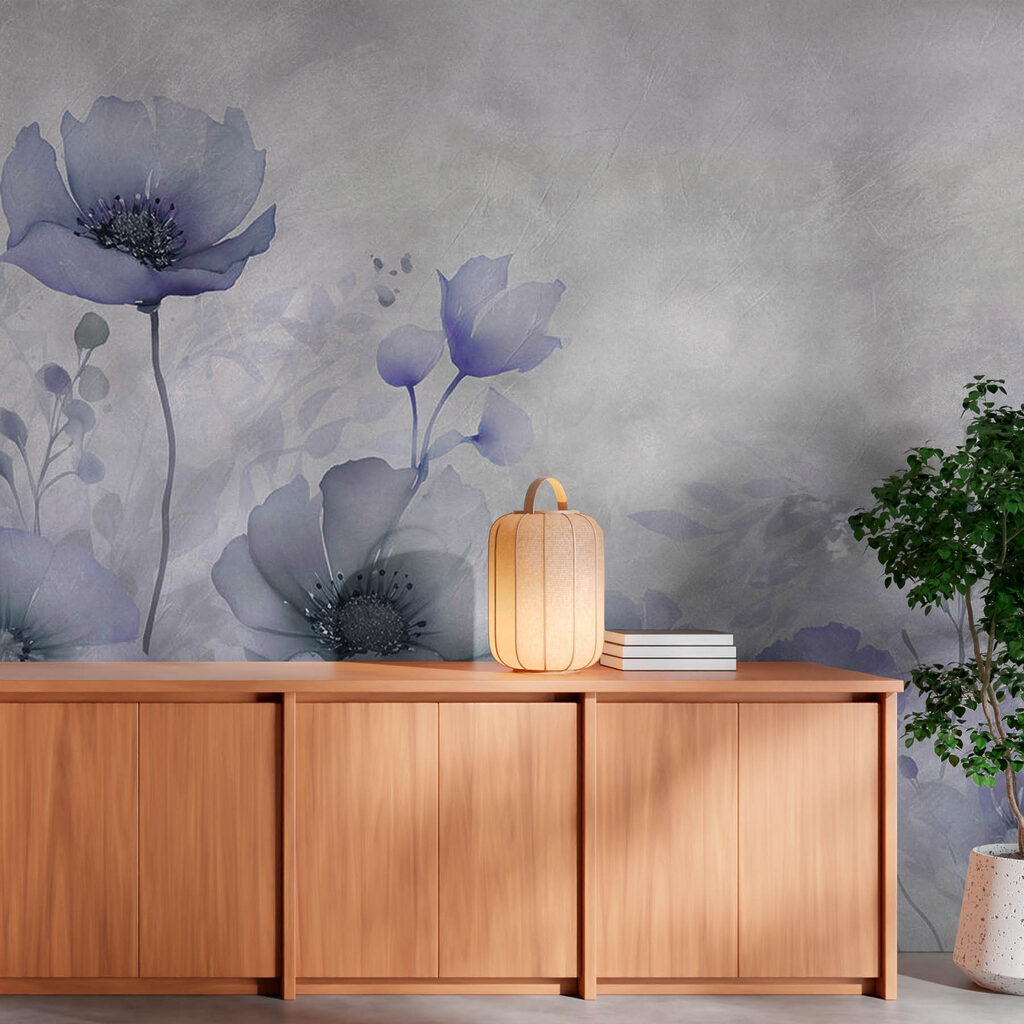Blauwe bloemen in grijswaas — interieur 3
