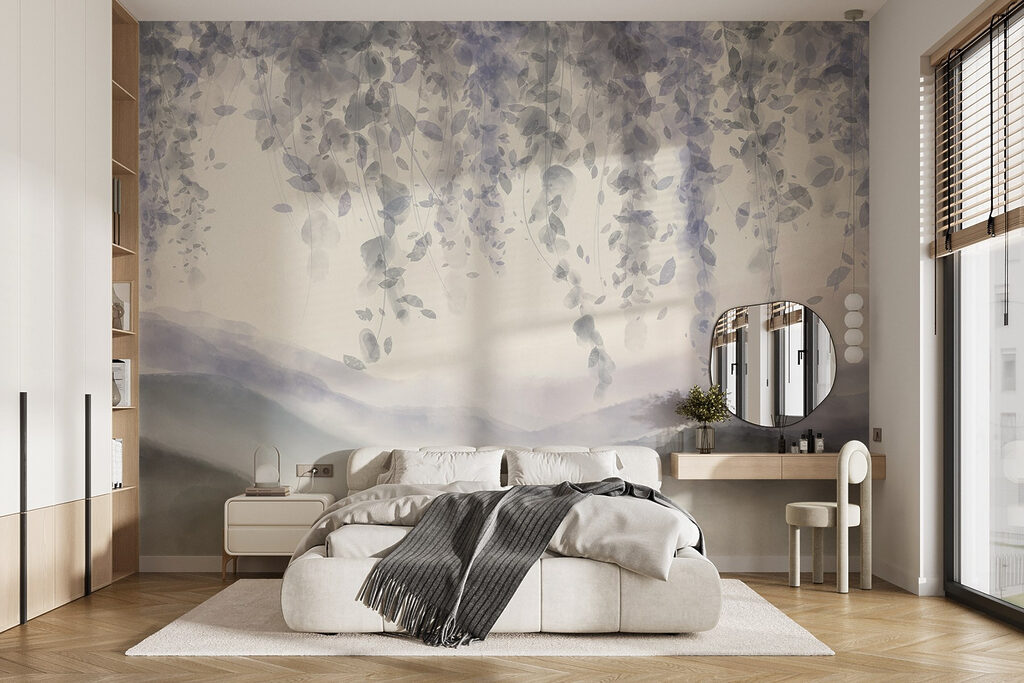 Blauwe bloemtrossen boven heuvels — interieur 1