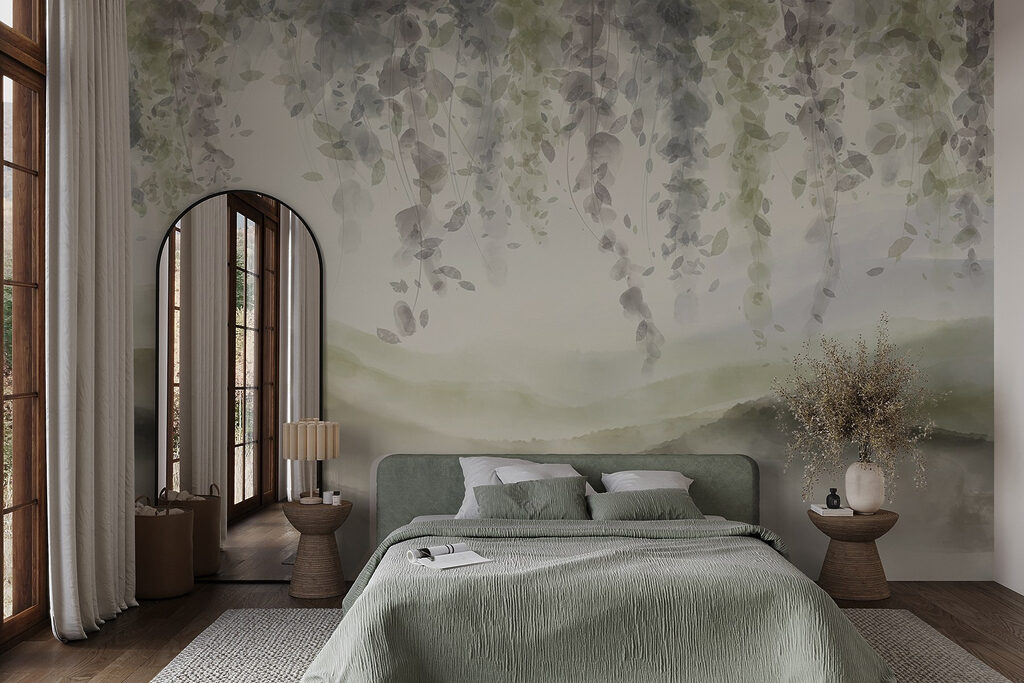 Schilderij van een landschap met bladeren vanaf het plafond in een interieur