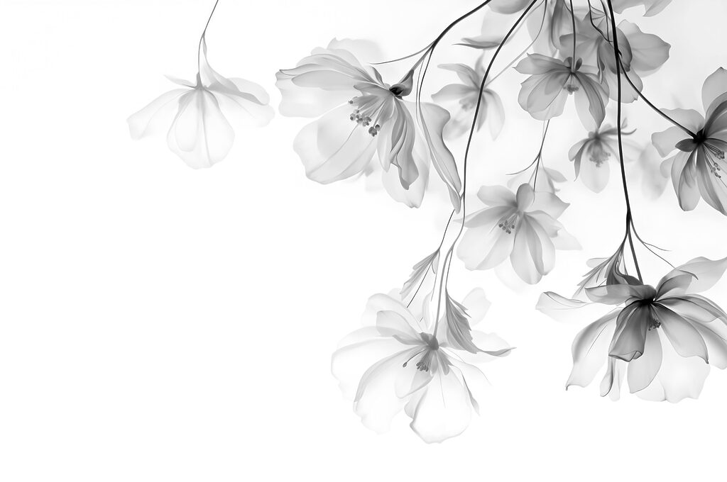Grijze bloemen aan hangtakken — volledig ontwerp