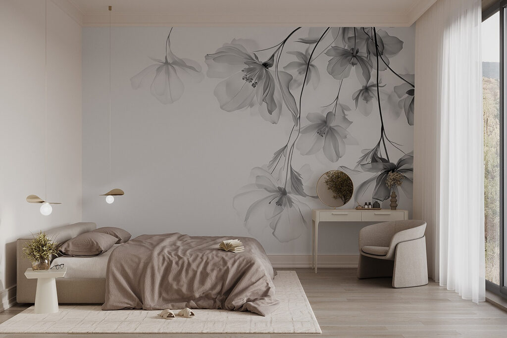 Grijze bloemen aan hangtakken — interieur 1