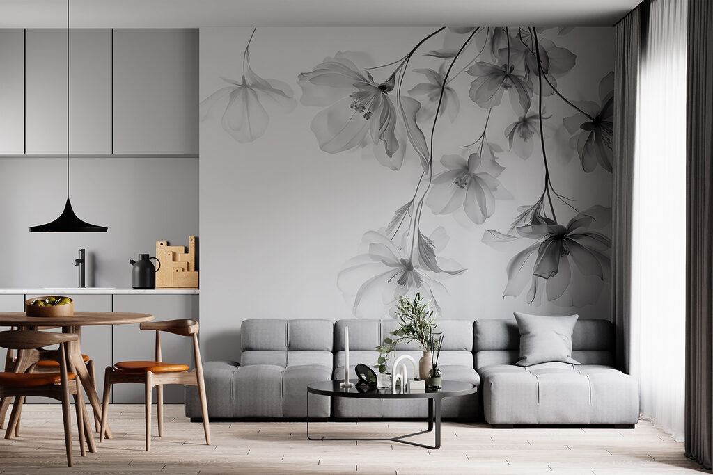 Grijze bloemen aan hangtakken — interieur 4