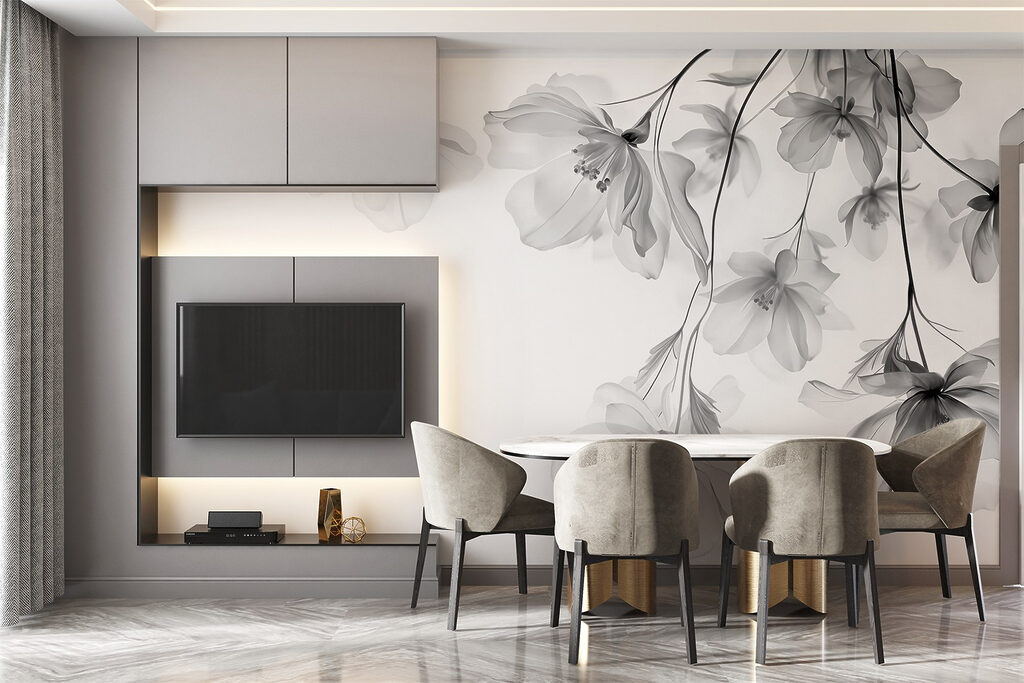Grijze bloemen aan hangtakken — interieur 5