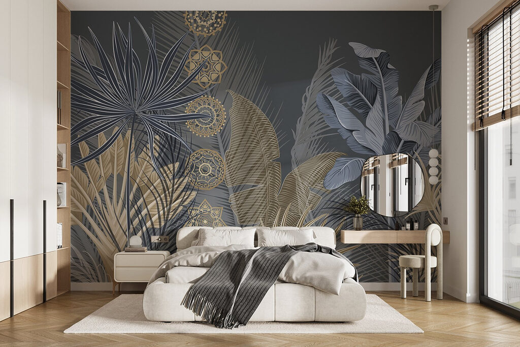Blauwe palmbladeren met sierkringen — interieur 1