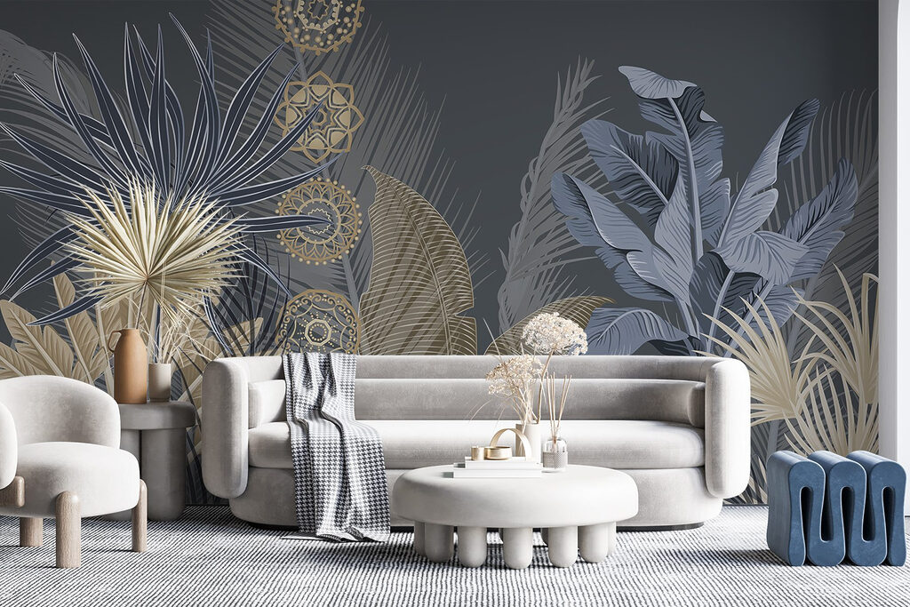 Blauwe palmbladeren met sierkringen — interieur 2