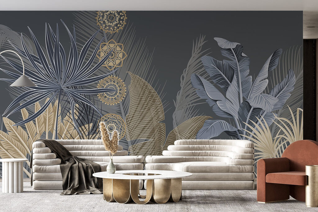 Blauwe palmbladeren met sierkringen — interieur 3