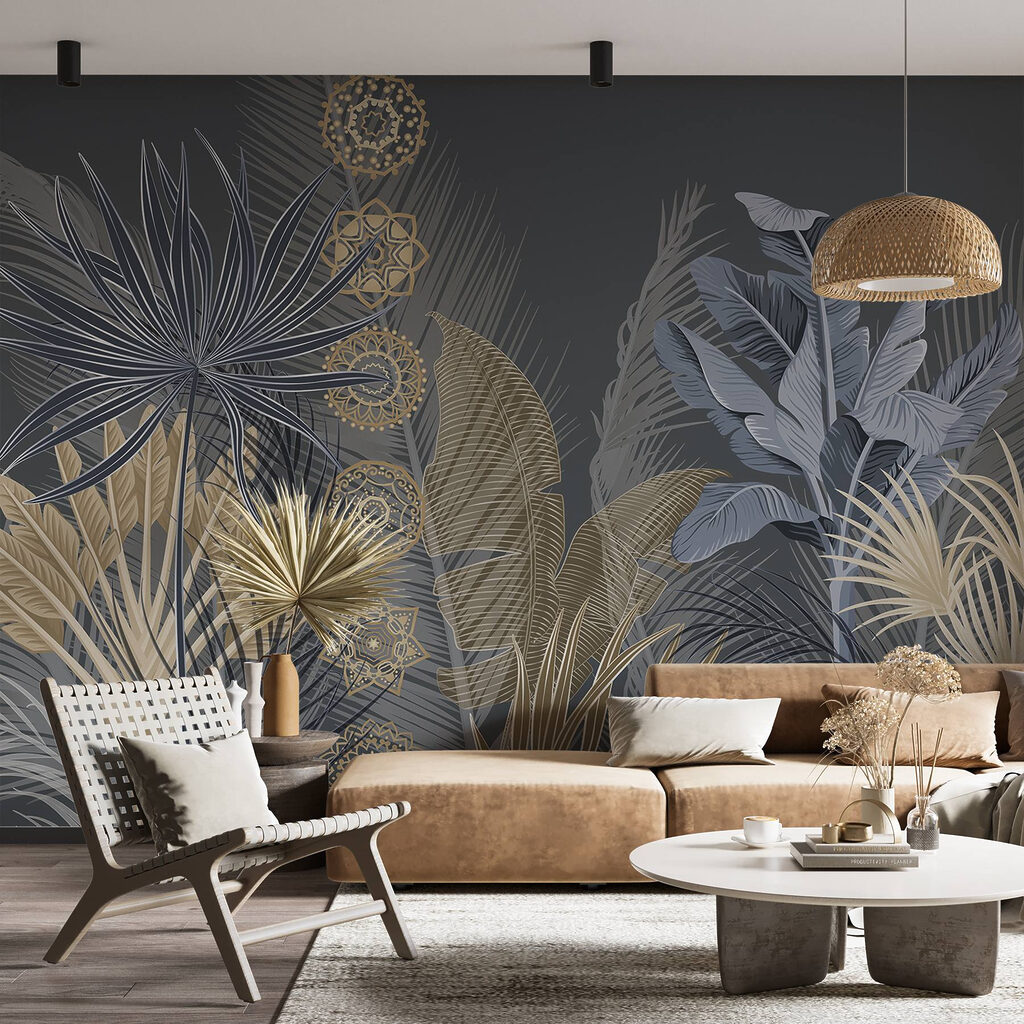 Blauwe palmbladeren met sierkringen — interieur 4