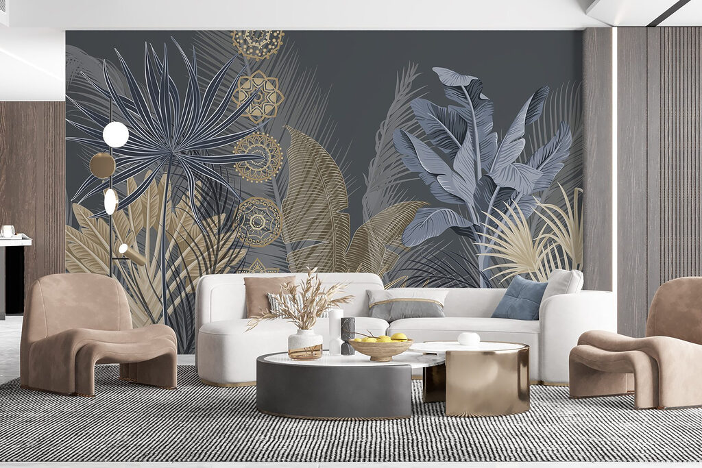 Blauwe palmbladeren met sierkringen — interieur 5