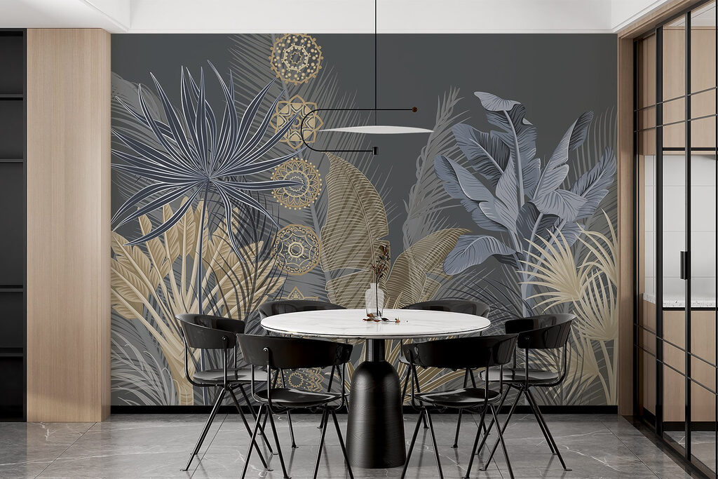 Blauwe palmbladeren met sierkringen — interieur 6