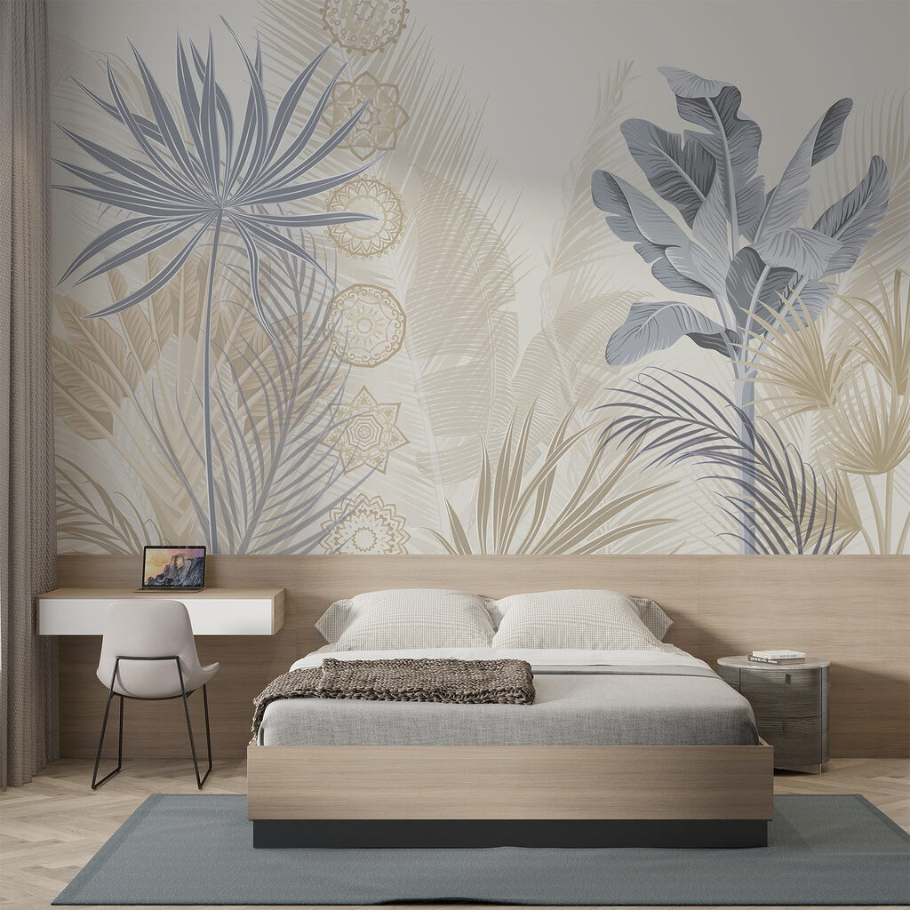Exotische bladeren in zachte pasteltinten in een interieur