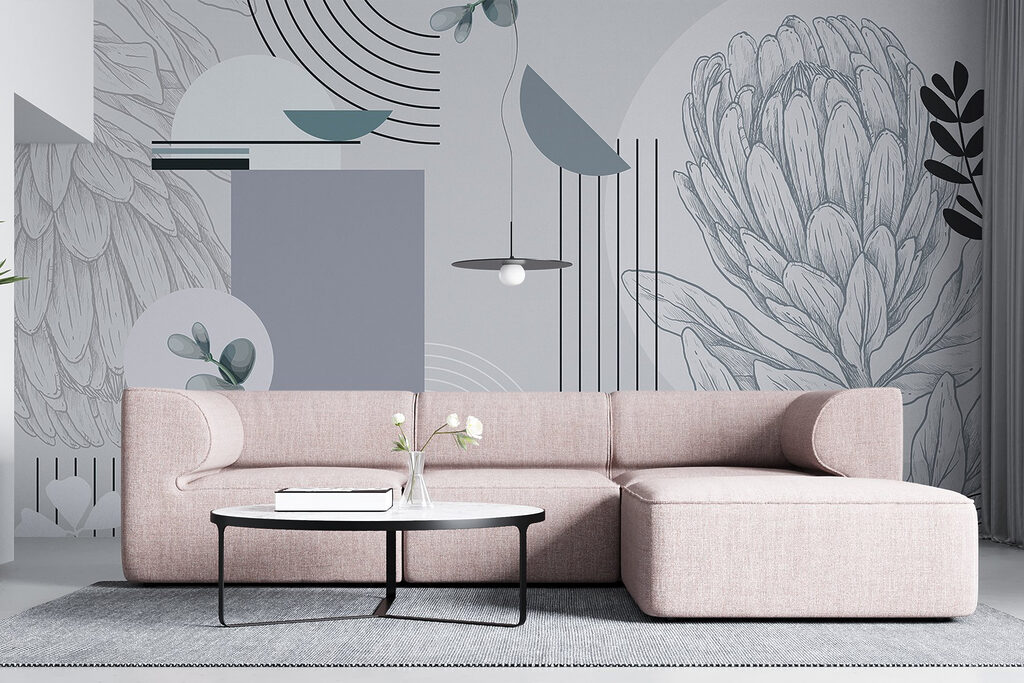 Elegante abstracte kunstcompositie met botanische motieven in een interieur