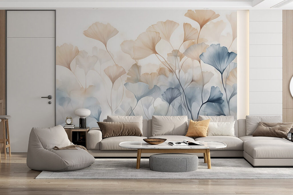 Abrikooskleurige bloemen naast blauw — interieur 3