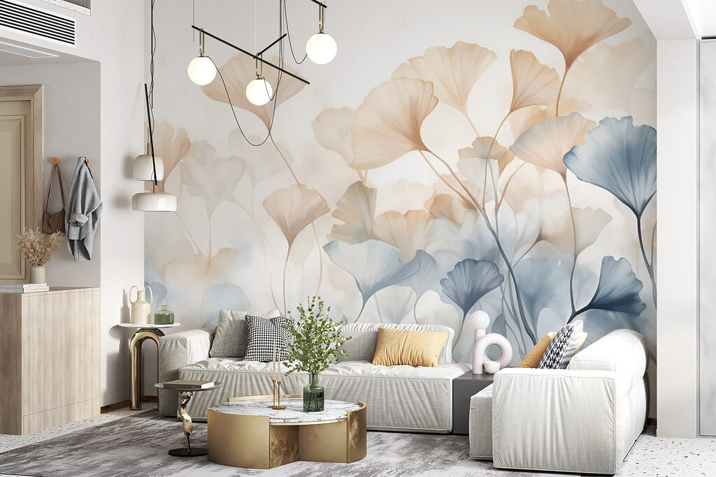 Abrikooskleurige bloemen naast blauw — interieur 4