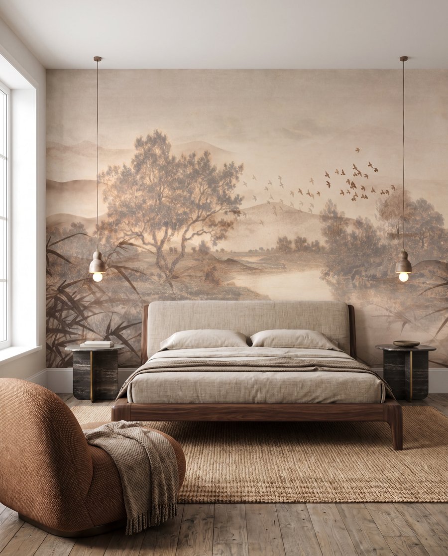 Landschap met bomen en een rivier in een interieur