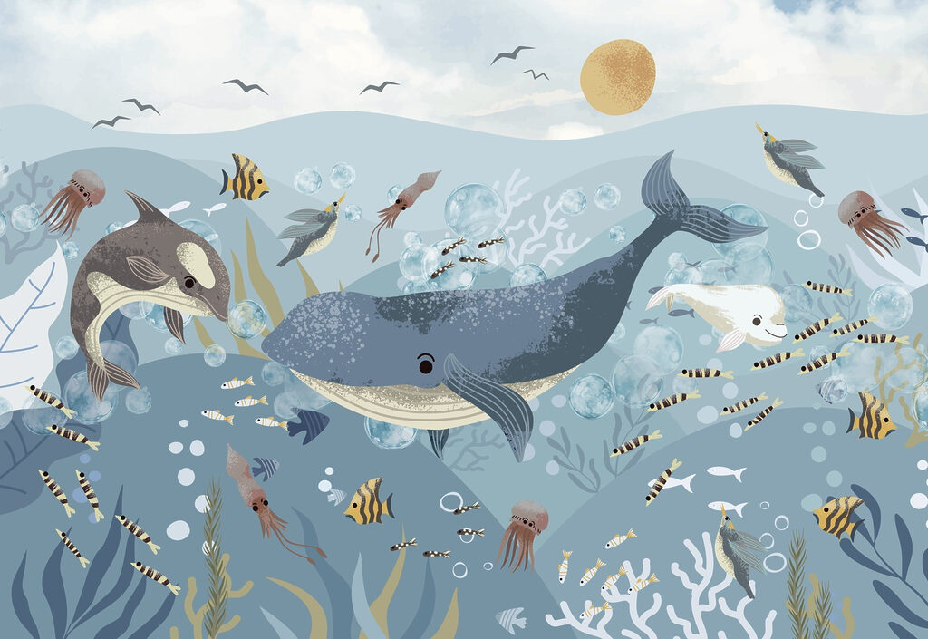 Groep vissen en walvissen zwemmend in de oceaan — volledig ontwerp