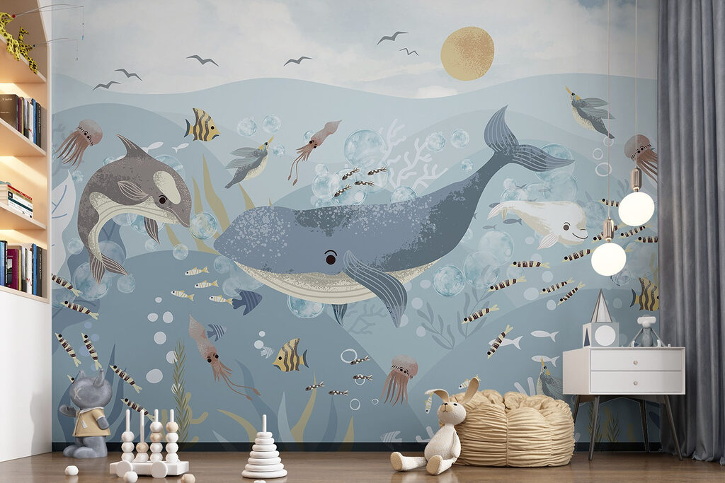 Groep vissen en walvissen zwemmend in de oceaan in een interieur