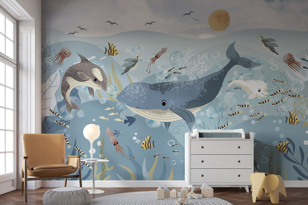 Groep vissen en walvissen zwemmend in de oceaan — interieur 3