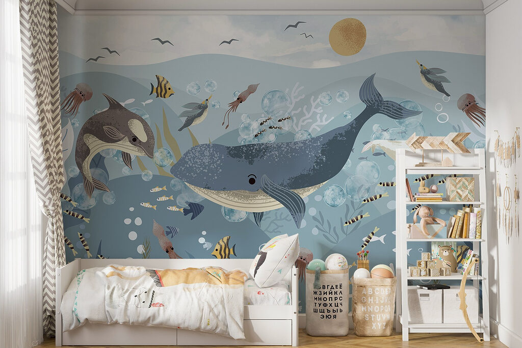Groep vissen en walvissen zwemmend in de oceaan — interieur 4