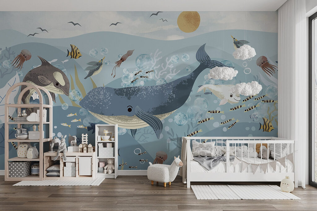 Groep vissen en walvissen zwemmend in de oceaan — interieur 5
