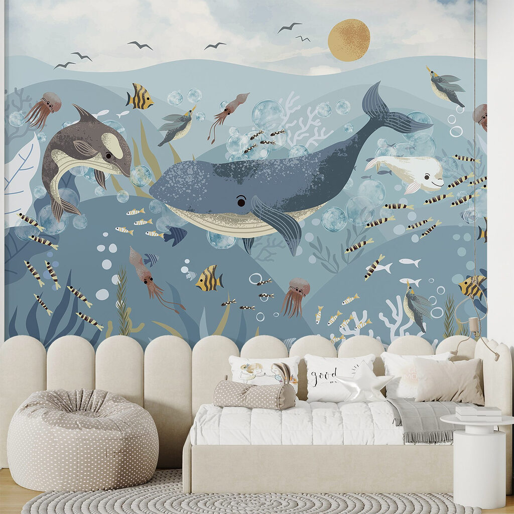 Groep vissen en walvissen zwemmend in de oceaan — interieur 6
